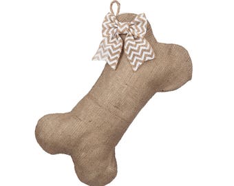 Burlap Dog Bone Christmas Stocking with Optional Bow - Pet Stocking