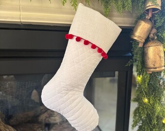 White Quilted Christmas Stocking with Red Pom Poms
