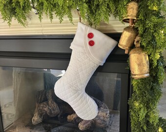 White Quilted Christmas Stocking with Scallop Fleece Cuff and Two Red Buttons
