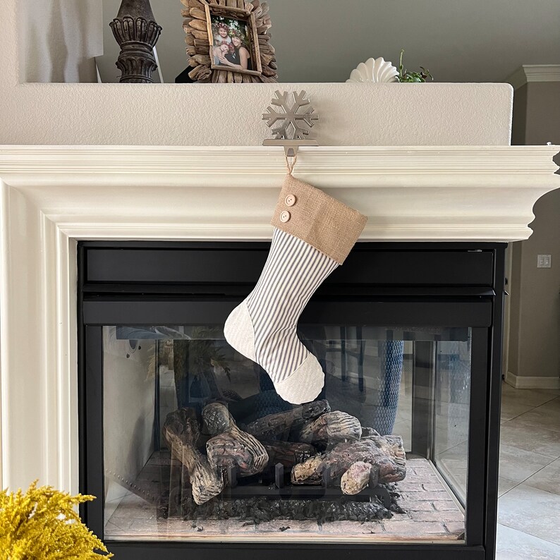 Blue Stripe Stocking with Light Beige Heel and Toe Patches, Burlap Cuff with Two Hand-Sewn Wood Buttons image 2