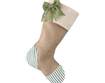 Christmas Stocking with Burlap and Green Ticking Accents