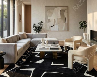 Hand-Tufted Wool Rug | Abstract Black and White Geometric Carpet