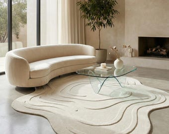 Organic Shaped Ivory Rug, Hand Tufted Wool Area Rug, Modern Abstract Contour Carpet, Minimalist Cream Rug, Contemporary Living Room Rug
