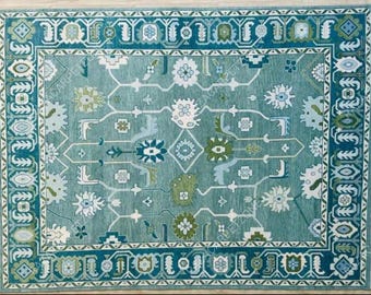 Hand Knotted Wool Oushak Rug: Teal, Blue, Green, Turkish Floral woolen rug home decor