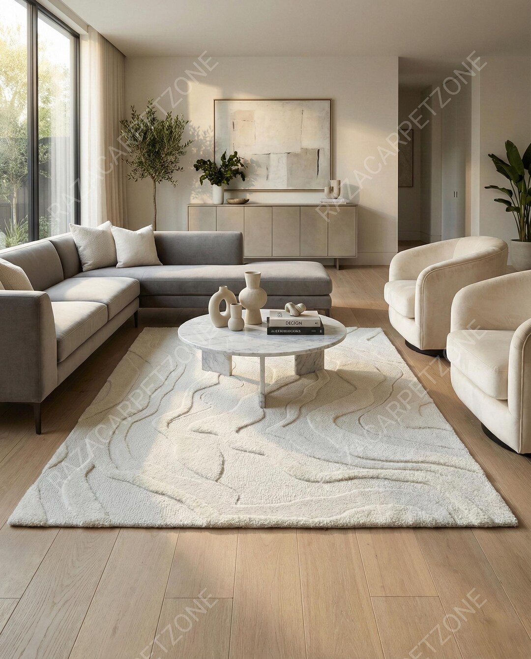 Hand-tufted Wool Area Rug | Modern Ivory 3D Embossed Cream Rug for All ...