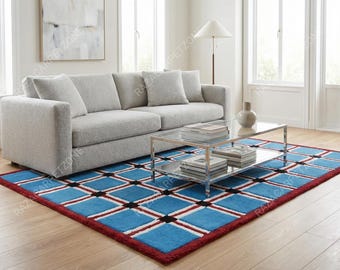 Handmade Wool Area Rug – Blue Windowpane Grid, Red Border