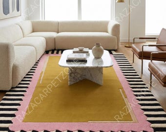 Hand Tufted Wool Rug, Mustard Yellow Pink Border, Modern Striped Carpet