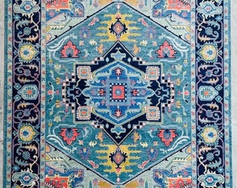 Hand-Knotted Wool Area Rug | Teal Blue Persian Medallion Design