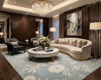 Hand-Tufted Wool Area Rug, Light Blue Ivory Floral Design