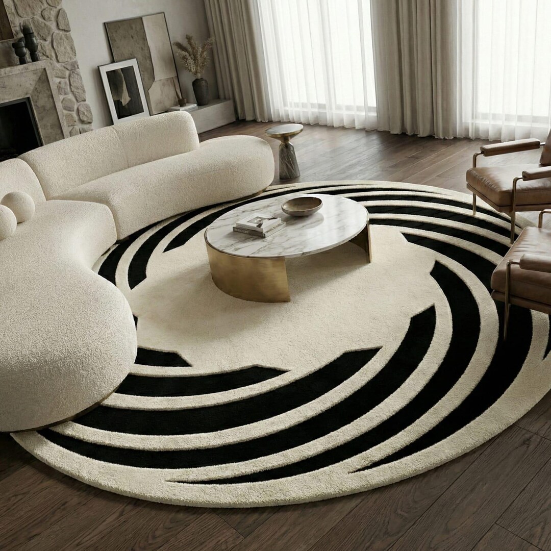 Handmade Wool Round Rug | Black and Cream Abstract Design - Etsy