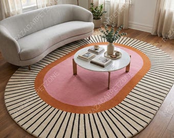 Pink Oval Hand-Tufted Wool Rug, Modern Abstract Boho Carpet