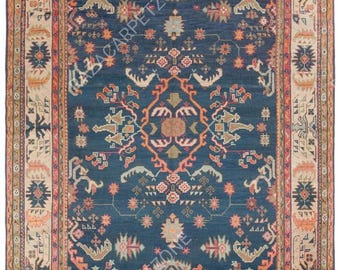 Hand Knotted Wool Area Rug | Navy Blue Persian Tribal Design