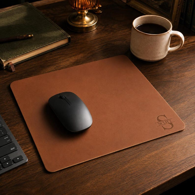 May include: A square brown leather mouse pad with rounded corners, featuring a black wireless computer mouse placed on its surface. The bottom right corner of the mouse pad is engraved with a large letter S and the name SCOTT centered inside.