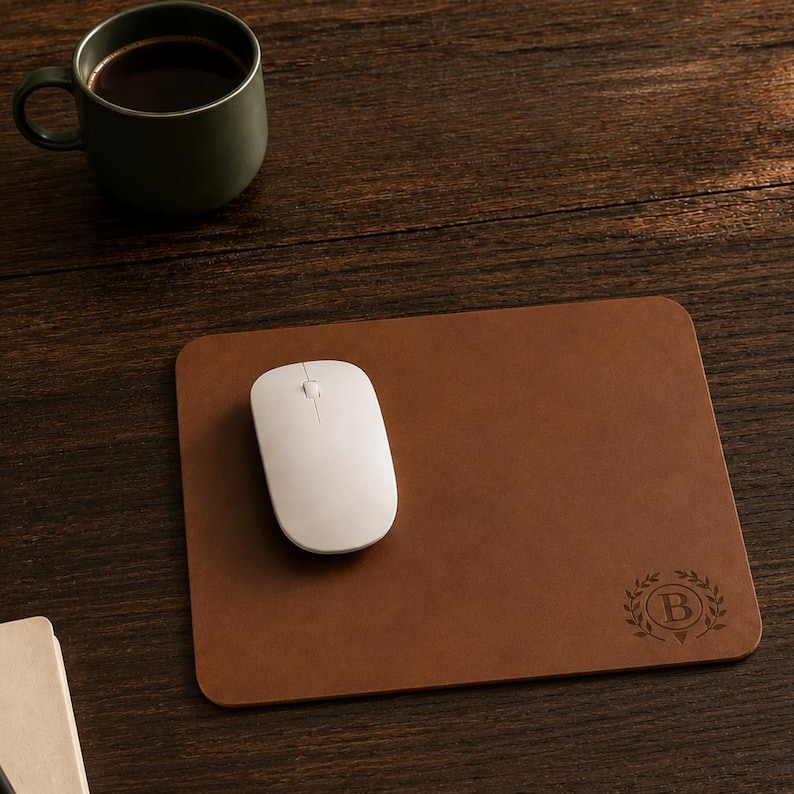 May include: A rectangular brown leather mouse pad featuring a debossed circular emblem with the letter B surrounded by a laurel wreath design. A white wireless computer mouse is positioned on the left side of the smooth, flat surface.