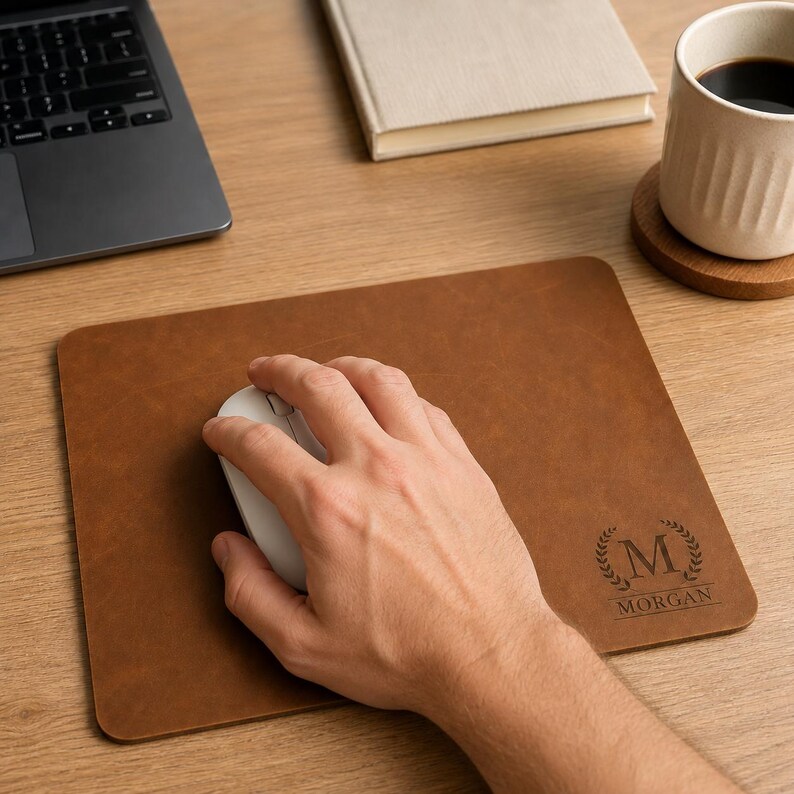 May include: A rectangular brown leather mouse pad featuring a laser-engraved design in the bottom right corner. The design includes a laurel wreath surrounding the letter M, with the name MORGAN printed in capital letters directly underneath.