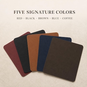 May include: Five rectangular mouse pads arranged in a fan shape, featuring the text FIVE SIGNATURE COLORS and the list RED, BLACK, BROWN, BLUE, COFFEE. The pads are available in these five distinct solid colors with a smooth, matte surface finish.