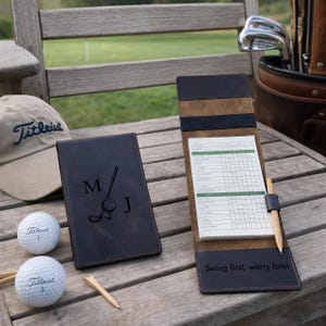Personalized Leather Golf Scorecard Holder, Custom Engraved Genuine Leather Golf Score Book,  Golf Gift for Men, Brown Leather Scorecard
