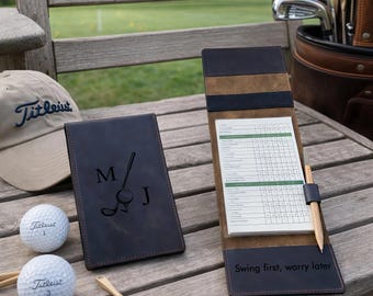 Gepersonaliseerde leren golfscorekaarthouder, op maat gegraveerd echt leren golfscorekaart, golfcadeau voor mannen, bruinleren scorekaart