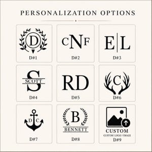 May include: A grid of nine black and white personalization options labeled D#1 through D#9. Designs include monograms with laurel wreaths, antlers, an anchor, and a custom logo upload icon. The text PERSONALIZATION OPTIONS is centered at the top.