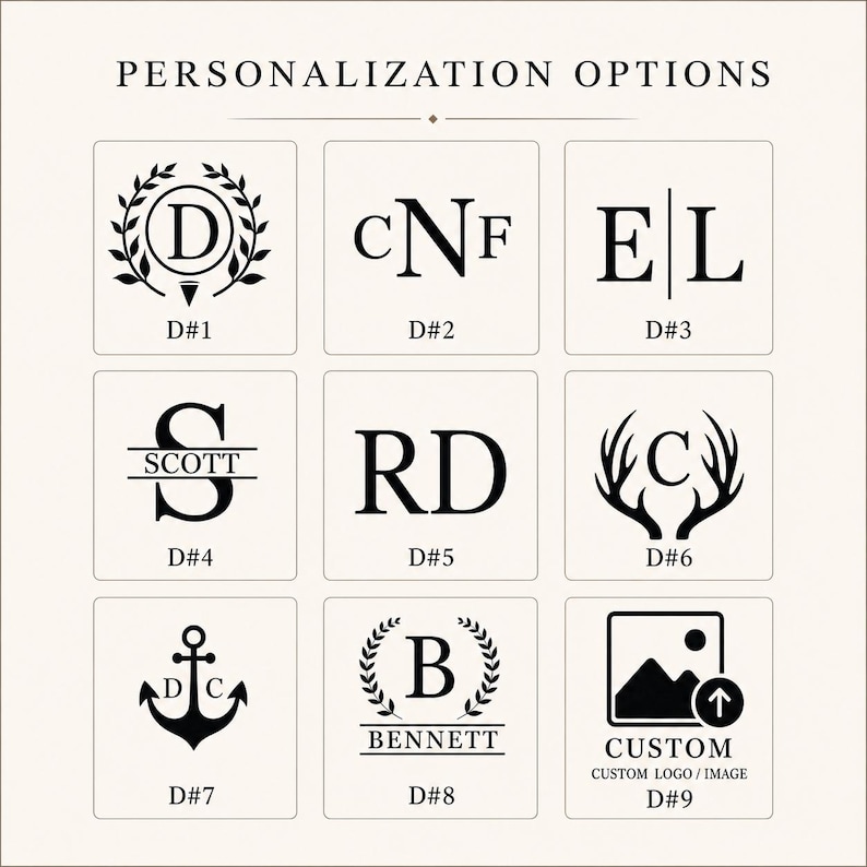 May include: A grid of nine black and white personalization options labeled D#1 through D#9. Designs include monograms with laurel wreaths, antlers, an anchor, and a custom logo upload icon. The text PERSONALIZATION OPTIONS is centered at the top.