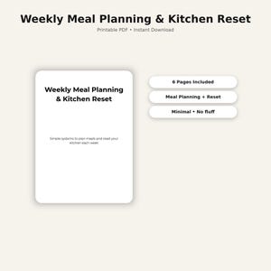 Puede incluir: Una descarga digital titulada "Weekly Meal Planning & Kitchen Reset". El documento blanco presenta el título, junto con las frases "6 Pages Included", "Meal Planning + Reset" y "Minimal • No fluff".