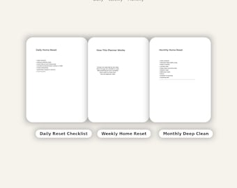 May include: A Home Reset Planner Bundle with the text "Home Reset Planner Bundle" at the top. The bundle includes a Daily Reset Checklist, Weekly Home Reset, and Monthly Deep Clean. Each planner has a list of tasks.