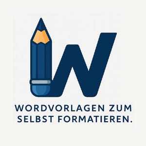 Könnte beinhalten: Ein Logo mit einem blauen Bleistift mit gelber Spitze, der den Buchstaben "W" bildet. Darunter steht "WORDVORLAGEN ZUM SELBST FORMATIEREN." auf weißem Hintergrund. Das Design ist schlicht und modern, passend für Schreibwaren oder Schreibprodukte.
