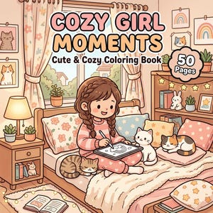 May include: A colouring book titled COZY GIRL MOMENTS Cute & Cozy Coloring Book 50 Pages featuring an illustration of a person with braided hair drawing on a tablet in a bedroom with cats, a lamp, a bookshelf, and floral curtains in soft pastel tones.