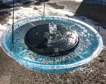 Solar Water Fountain with Custom Hanging Bahama Blue Holographic Sparkle, Solar Fountain Outdoor, Bird Fountain, Free Shipping