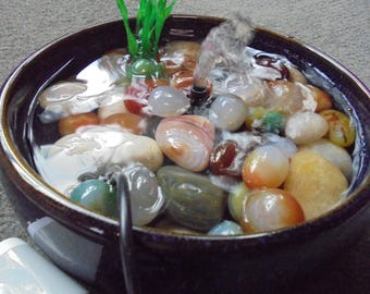 Indoor, Outdoor Fountain, Ceramic Bowl, Chakra Stones, Watern Flow Adjustable Powered Water Pump and plug-in power cube.
