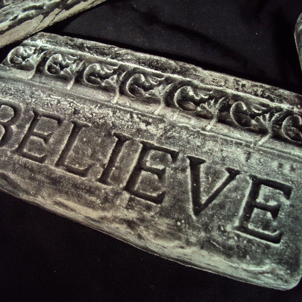 BELIEVE Wall Hanging Concrete Statuary, Ready To Hang With Invisible Cord Hanger