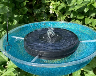 Ocean Blue Sparkle Custom Hanging Bowl with Premium 3w Lighted Solar Water Fountain, Solar-Powered, Birdbath Free Shipping