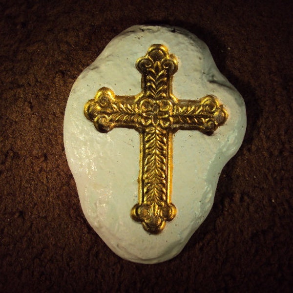 Stone Cross, Glow By Night, Brass Finished Cross And White Stone Border, Religious Gift