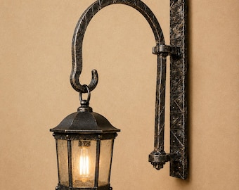 Hand Forged Wrought Iron Lantern Hook – Rustic Wall Mount Plant Hanger & Outdoor Light Bracket