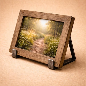 May include: A rustic wooden picture frame with a landscape photograph of a path through a forest. The frame is supported by two metal brackets and a black metal stand. The frame is made of brown wood.