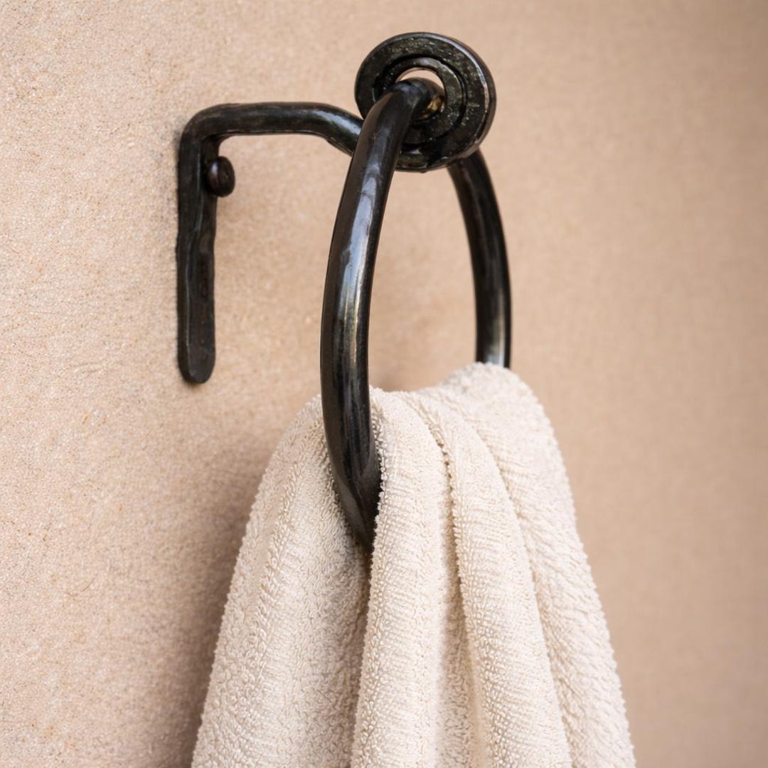 Handmade Wrought Iron Towel Ring – Rustic Farmhouse Bathroom Decor - Black