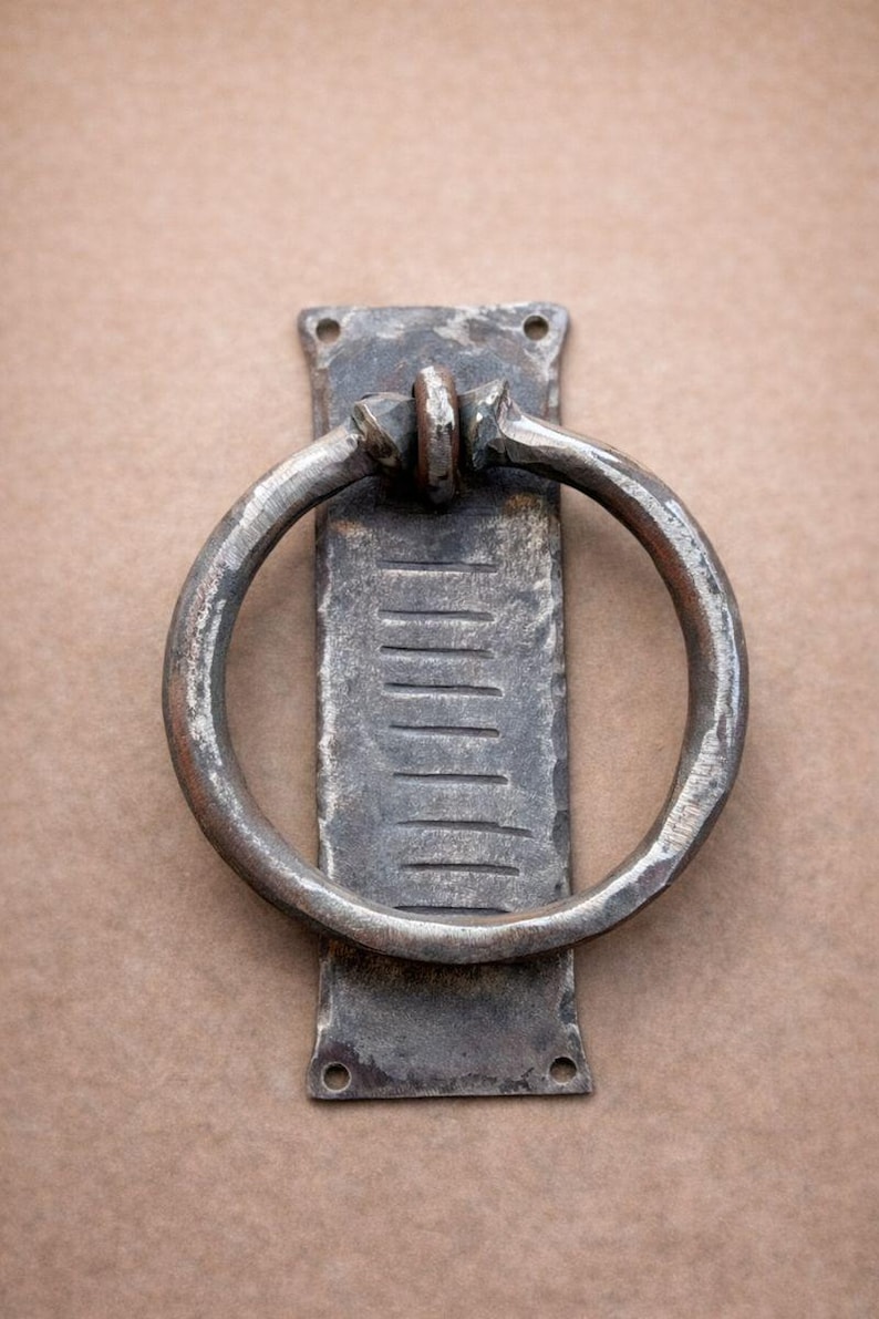 Hand Forged Wrought Iron Door Knocker | Blacksmith Hammered Ring | Rustic Farmhouse Antique Door Hardware image 3