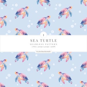 May include: A seamless pattern of watercolour sea turtles in pink, purple, and yellow on a pale blue backdrop. White bubbles surround the turtles. The text "SEA TURTLE" is displayed in a white rectangle.