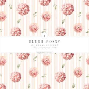 Può includere: Un motivo senza cuciture con peonie rosa blush e foglie verdi su sfondo a righe. Il design include il testo "BLUSH PEONY SEAMLESS PATTERN" in un rettangolo bianco. Adatto a varie applicazioni di design.