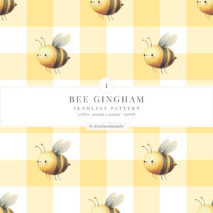 Bienen Gingham nahtlose Muster | Gemütlicher gelber Frühling Digitales Papier | Sommerlicher Cottagecore