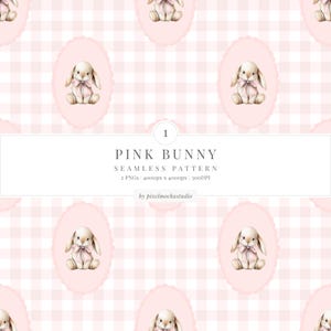 Pink Bunny Seamless Pattern | Baby Nursery Digital Paper | Soft Gingham Repeat