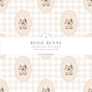 May include: Seamless pattern featuring a repeating design of a beige bunny in an oval frame on a light beige and white checkered background. The text "BEIGE BUNNY" is displayed in a banner across the image, along with the words "SEAMLESS PATTERN".