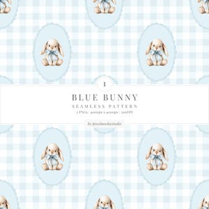Papel digital con estampado de conejito azul sin costuras para habitación de bebé, con repetición de cuadros vichy suaves.