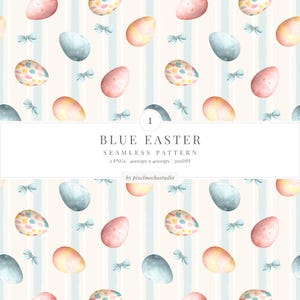 Motivo pasquale blu senza soluzione di continuità / Uova acquerello, fiocchi e strisce