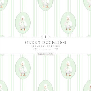 Puede incluir: Patrón repetitivo de un patito blanco con un lazo verde, enmarcado en un óvalo verde. El fondo tiene rayas verdes y blancas. Se muestra el texto "GREEN DUCKLING". Diseño sin costuras.