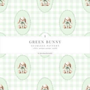 Puede incluir: Patrón repetitivo de un conejito con pajarita verde, enmarcado en un óvalo verde claro. El fondo es un estampado de cuadros vichy verde claro y blanco. Se muestra el texto "GREEN BUNNY". Diseño sin costuras.