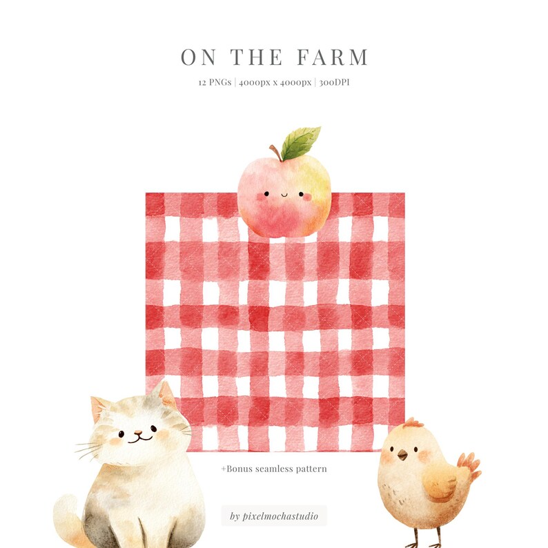 Checkerd Farm Pattern On the Farm Clip Art Set | Cozy Farm Animal PNG Illustrations ...