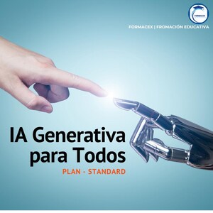 May include: A digital illustration shows a human finger touching a robotic finger, with a bright light between them. The text "IA Generativa para Todos" and "PLAN - STANDARD" is displayed in black and orange against a light blue background.