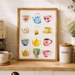 Watercolor Tea Wall Art Printable, Tea Cup Kitchen Decor, Tea Pot Wall Art, Cottagecore Kitchen Print, Tea Station Decor, Cozy Kitchen