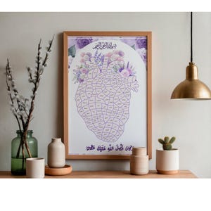 Könnte beinhalten: Ein gerahmter Druck mit einem herzförmigen Diagramm, das in beschriftete, violette Abschnitte unterteilt ist. Florale Akzente in Lila und Weiß schmücken das Kunstwerk. Der Rahmen ist aus hellem Holz. Dekorative Vasen und ein Kaktus sind im Vordergrund.